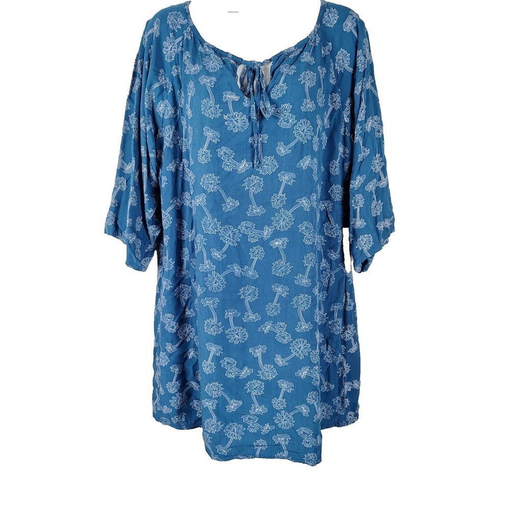 Tybee‎ Island Clothing Co Blue Palm Tree Print Rayon Tunic Top XL tropic peasant